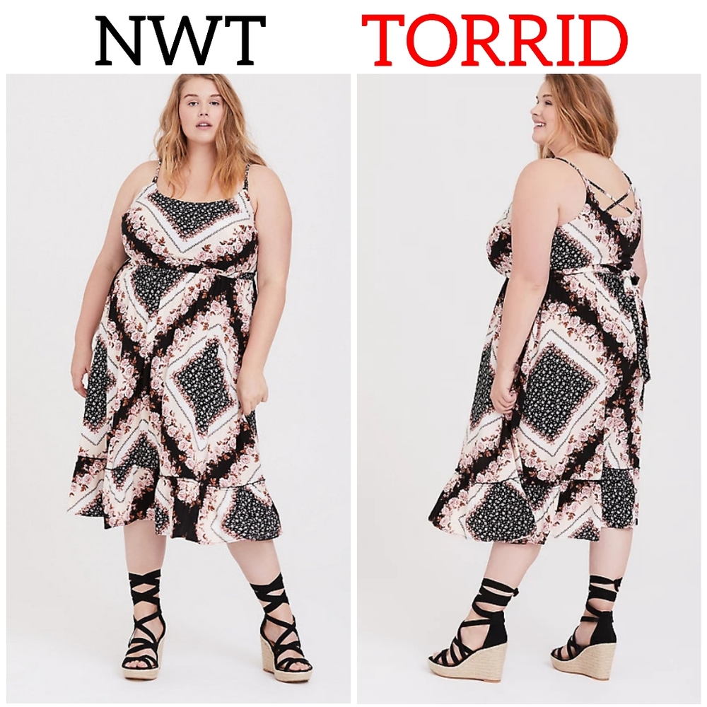 Torrid SCARF PRINT CHALLIS SHIRRED HEM MIDI DRESS